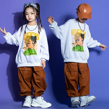 Çocuklar Genç Hip Hop Giyim Beyaz Kazak Üstleri Rahat Joggers Pantolon Kız Erkek Caz Sahne Dans Kostümleri Sokak Giysileri