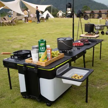2-6 Kişi Açık Mobil Mutfak Katlanabilir gaz sobası Masası katı ahşap Masaüstü Alüminyum Alaşımlı Çerçeve Kamp Yürüyüş Piknik için