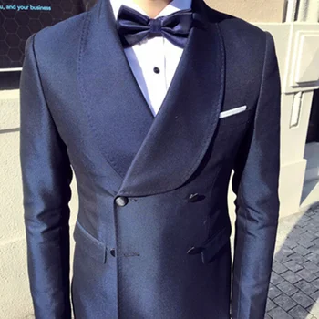Erkek Parlak Kruvaze 3 Parça Takım Elbise Parlak Kumaş Yaka Şal Resmi Damat Düğün Smokin Özel