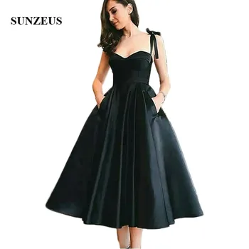 Siyah Saten Çay Boyu Kızlar balo kıyafetleri Sevgiliye Spagetti Sapanlar Zarif resmi elbiseler Cepler ile sukienka na bal SP08