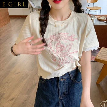 İşlemeli tişört Kadın Tatlı Kısa Kollu Tees Kızlar Peri İnce Kırpma Üst Mantar Karikatür Sevimli Öğrenciler Eğlence yaz giysileri