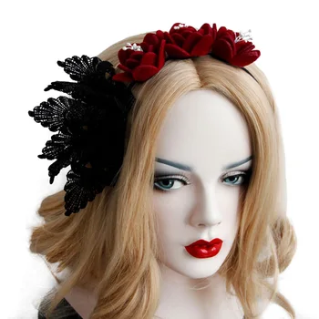 Kadınlar için kafa bantları Gotik Barok Tarzı Taç Üçlü Çiçek Kırmızı Gül Siyah Dantel süslü elbise Parti Hairband Saç Çember Aksesuarı