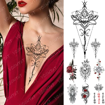 Su geçirmez Geçici Dövme Etiket Lotus Çiçekleri Dantel Gül Kılıç Flaş Dövmeler Ejderha Totem Vücut Sanatı Kol Sahte Dövme Kadın Erkek