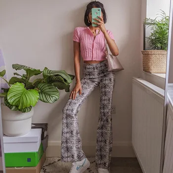 Kalın Gölge E-kız Estetik Indie Tarzı Çizme Kesim Pantolon Ahşap Şerit Baskı Yüksek Bel Uzun Pantolon Kadın Harajuku 90s Trend Sıcak
