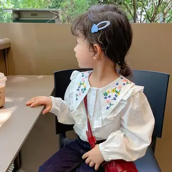 2021 Yeni Kız Sonbahar Gömlek Bebek Moda İşlemeli Gömlek Bebek Kore Moda çocuk giyim Uzun kollu Üst