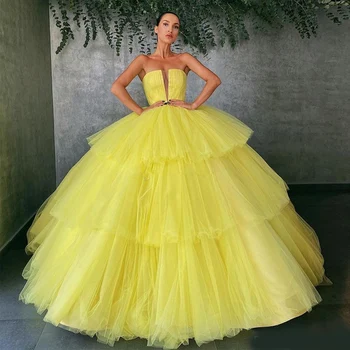 Büyüleyici Sarı Balo Quinceanera Elbiseler Sheer Dalma Boyun Katmanlı gelinlikler Artı Boyutu Sweep Tren Tül Vestidos De No