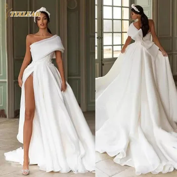 TİXLEAR Basit Bir Omuz düğün elbisesi Zarif Bölünmüş Yan gelinlikler Çiçek Baskı A-Line Bow Sweep Tren Vestido De Novian