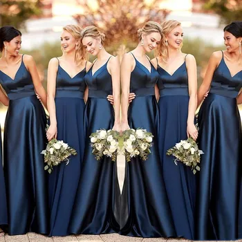 Ucuz Lacivert A-Line gelinlik modelleri Uzun 2022 Saten Kat Uzunluk Spagetti Sapanlar Düğün Parti Elbise Hizmetçi Onur Elbise