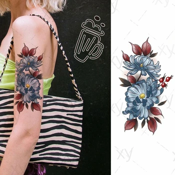 Su geçirmez Geçici Dövme Etiket Mavi Çiçek Krizantem Meyve Sahte Dövme Meme Göğüs Geri Göbek Flaş Dövme Kadın Erkek için