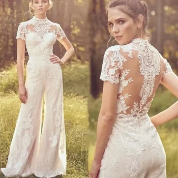 Lüks Tulumlar Yüksek Boyun düğün elbisesi Kadın Kısa Kollu Illusion Dantel Aplikler gelin kıyafeti Vestidos De Soiree