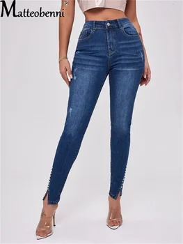 Bayan Moda Yüksek Bel Streç Skinny Jeans 2021 Sonbahar Bayanlar Mavi Retro Yıkanmış Elastik İnce Bölünmüş Çatal Boncuk Kalem Pantolon
