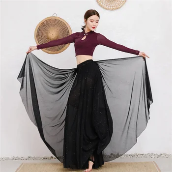 Seksi Moda Oryantal Dans Performansı Gazlı Bez Giyim Yetişkin Kadın Glitter Dans Takım Elbise Kırpma Üst Uçan Etek Setleri