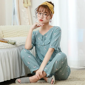 Pijama Bayanlar Bahar Ve Yaz Pamuk Szlafrok Kısa Kollu İnce Takım Elbise Kore Karikatür Rahat Ev Hizmeti Kıyafeti