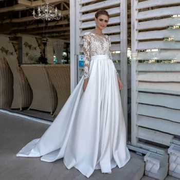 Yumuşak Saten Aline düğün elbisesi Uzun Kollu Dantel Aplikler Vintage Gelin Elbise Kemer Prenses düğün elbisesi artı boyutu