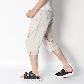 Yeni Stil Buzağı uzunlukta Rahat Saf Keten Marka Pantolon Erkekler İçin Trend Nefes Geniş Bacak Pantolon 30-40 Pantalon Pantalones Hombre
