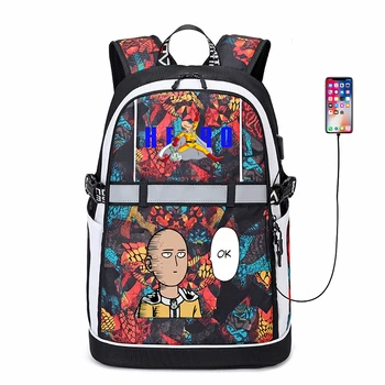 Anime Tek Yumruk Adam USB Sırt Çantası Yansıtıcı Şerit Bookbag Öğrenci Oxford Karikatür Teenger Fermuar Sırt Çantası Okul Çantası