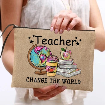 Öğretmen Değiştirmek Dünya Baskı Kadın Neceser Makyaj Çantaları Keten Kozmetik Çantası Fermuar Kılıfı Seyahat Tuvalet Organizatör Öğretmen Hediye