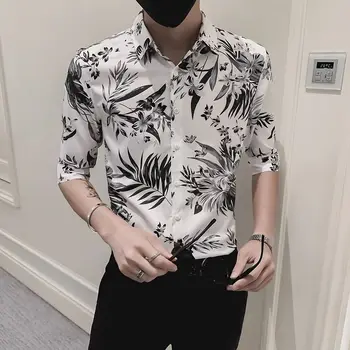 2022 İngiliz Tarzı Erkekler İlkbahar Yaz Yeni Üç Çeyrek Kollu Slim Fit Gömlek Tops Erkek Baskılı Moda Gömlek L171