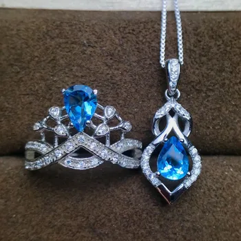 Moda Zarif taç Doğal mavi topaz taş Yüzük Kolye Doğal Taş Takı Setleri 925 Gümüş Kadın parti hediye güzel takı