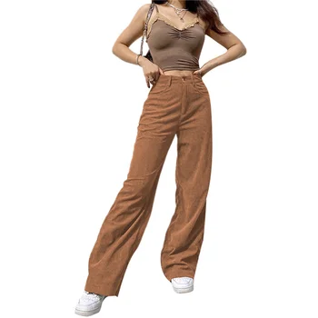Kadın Rahat Kadife Geniş bacak Pantolon, Düz Renk Yüksek Bel Gevşek Pantolon, S / M / L, Haki / Kayısı