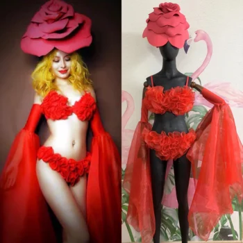 Yeni Yetişkin Kadın Dansçı Sahne Kostüm Kırmızı Pilili Kıyafet Örgü Büyük Kollu Kutup Dans Giyim Seksi Gece Kulübü Gogo Giyim Seti