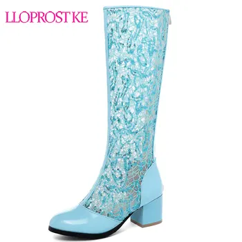Lloprost ke Yaz 2019 Mavi Beyaz Glitter Bling Dantel Örgü Diz Yüksek binici çizmeleri Sandalet Yüksek Blok Topuklu Bayan Ayakkabıları H301