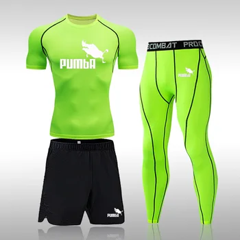 Erkekler Moda Yaz 3 Parça Set Spor Spor Takım Elbise Koşu Hızlı Kuru T-shirt + Şort Nefes spor takımları Koşu Tayt