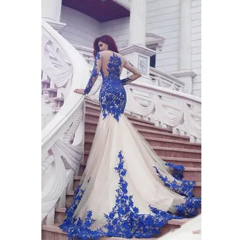 balo kıyafetleri 2020 Varış vestidos de gala Uzun Kollu Kraliyet Mavi Dantel aplikler Abiye Mermaid Balo Abiye balo elbise