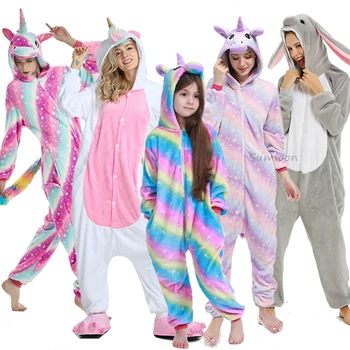 Yetişkin Hayvan Unicorn Pijama Kış Pijama Kigurumi Kurt Panda Tavşan Pijama Kadın Onesies Anime Kostümleri Çocuk Tulum