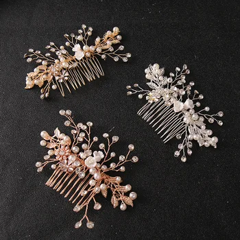 Floralbride El Yapımı Kristal Rhinestone İnciler Seramik Çiçek Gelin Saç Tarak Düğün Headpieces Saç Aksesuarları Kadınlar Takı