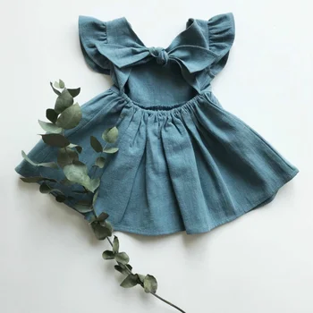 Yeni Kız Bebek Elbise Pamuk Keten Düz Renk çocuk Elbiseleri fiyonk Hallow Prenses Elbise Puf Çocuk Yürümeye Başlayan Kız Elbise
