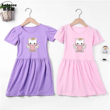 Kızlar sevimli kedi baskı elbise yaz kızlar tatil parti elbise pamuk tenis elbiseler 4-14T