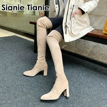 Sianie Tianie yüksek kalite hakiki deri gerçek süet kadın çizmeler overknee uyluk yüksek çizme streç over-the-diz yüksek topuk çizmeler