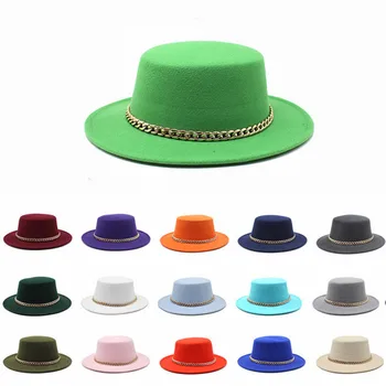 Moda Metal zincir Fedora şapka bayanlar geniş ağız zarif retro tarzı İngiliz yün caz şapka sonbahar kış düz renk Panama şapka