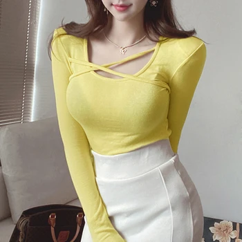 Ince T Shirt Kadın Kore Tarzı Omuz Pedleri İle İnce Pamuklu Tişört 2022 bahar uzun kollu elbise Üst Kadın Giysileri Tee Gömlek Femme