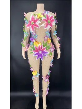 Yeni Seksi Örgü Çiçek Taklidi Tulum Kadın Gogo Kıyafet