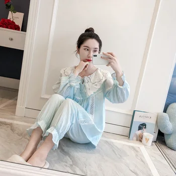 2021 Sonbahar Lüks Peri Gevşek Pijama Saf Pamuk Kenar Sevimli Rahat Ev Giyim İki Adet Set Pamuklu Pijama Kadın
