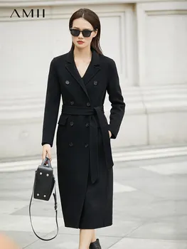 Amii Minimalizm Kış Yaka Ceket Kadınlar İçin Yün Ceket Düz Kemer Uzun Ceketler Ofis Bayan Dış Giyim %100 % Yün Ceket 12170576