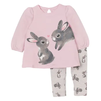 Çocuk Setleri Yeni Sonbahar Pamuk Bebek Kız Giysileri Toddler Seti Marka Uzun Kollu Tavşan Baskı Pembe Gömlek + Hayvan Baskı Pantolon