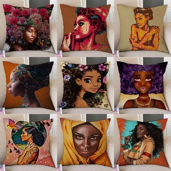 Afrika Sanat Siyah Kız Afrikalı Kadın Çift taraflı baskı Yastık Örtüsü Kanepe Dekorasyon İçin Sevimli Karikatür Kız keten yastık Örtüsü