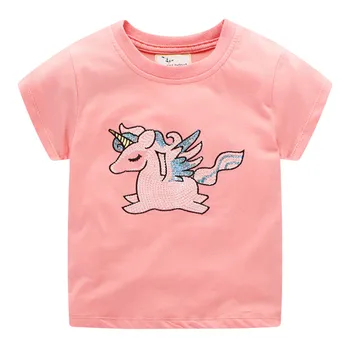 Atlama Metre Yeni Varış Unicorn Boncuk Kızlar Yaz Tees Tops Pamuk çocuk Giysileri 2-7T Çocuk Tişörtleri